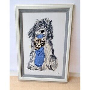 Vintage Janlynn Charmin Crewel Embroidery Kit Finished Framed Dog Cat 18” X 13”